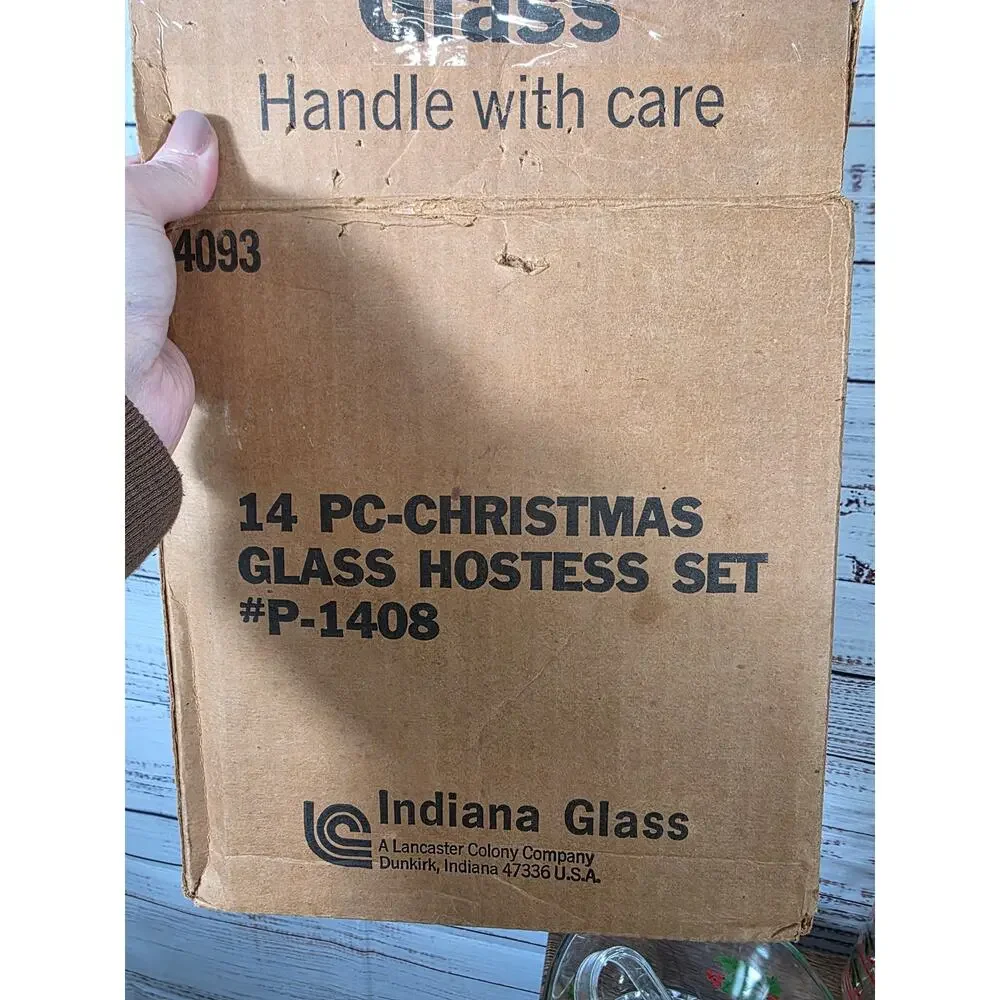 Vintage Indiana Glass Christmas Holly Hostess Set Ice Bucket Glasses READ